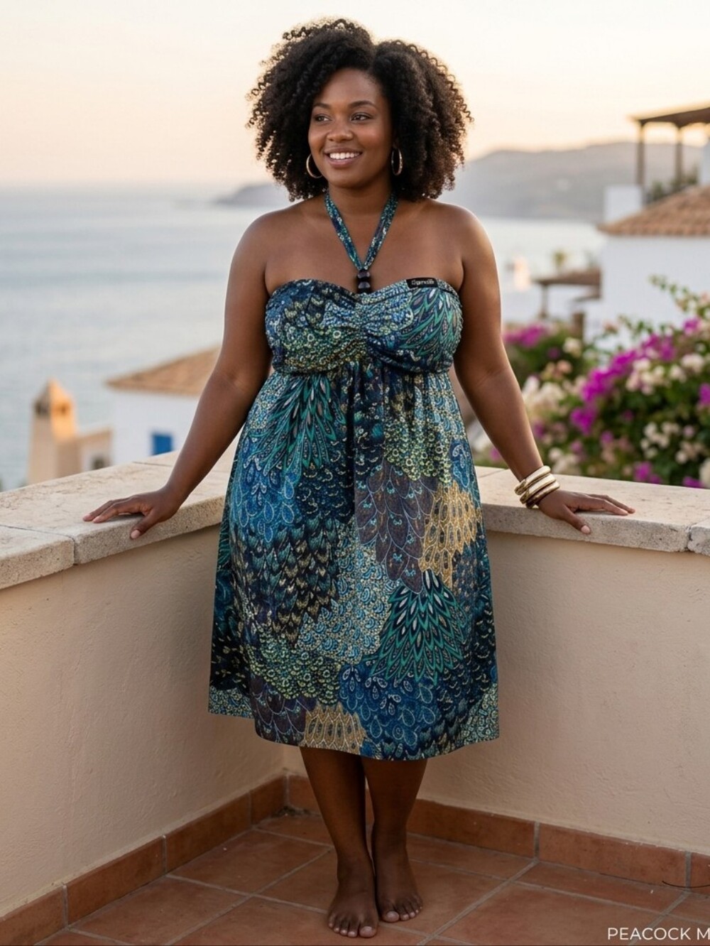 Strapless Teal Multicolor Printed Summer Dress